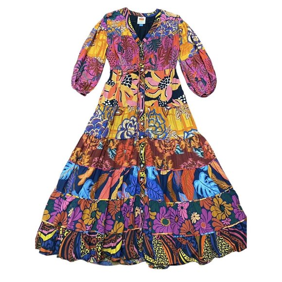 Farm Rio Dresses & Skirts - Farm Rio Sz M Dress Anthropologie Midi Maxi Floral Tiered Blue Purple Pink Black